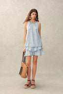 Hazel Boho Embroidery Jacquard Halterneck Sleeveless Top in Cotton
