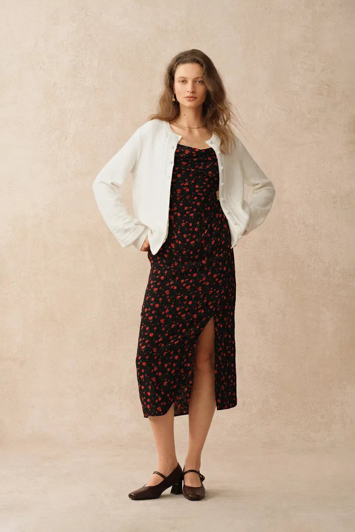 Elodie Floral Wheat Ear Cutwork Cardigan in Wool-Cashmere Rib Knit