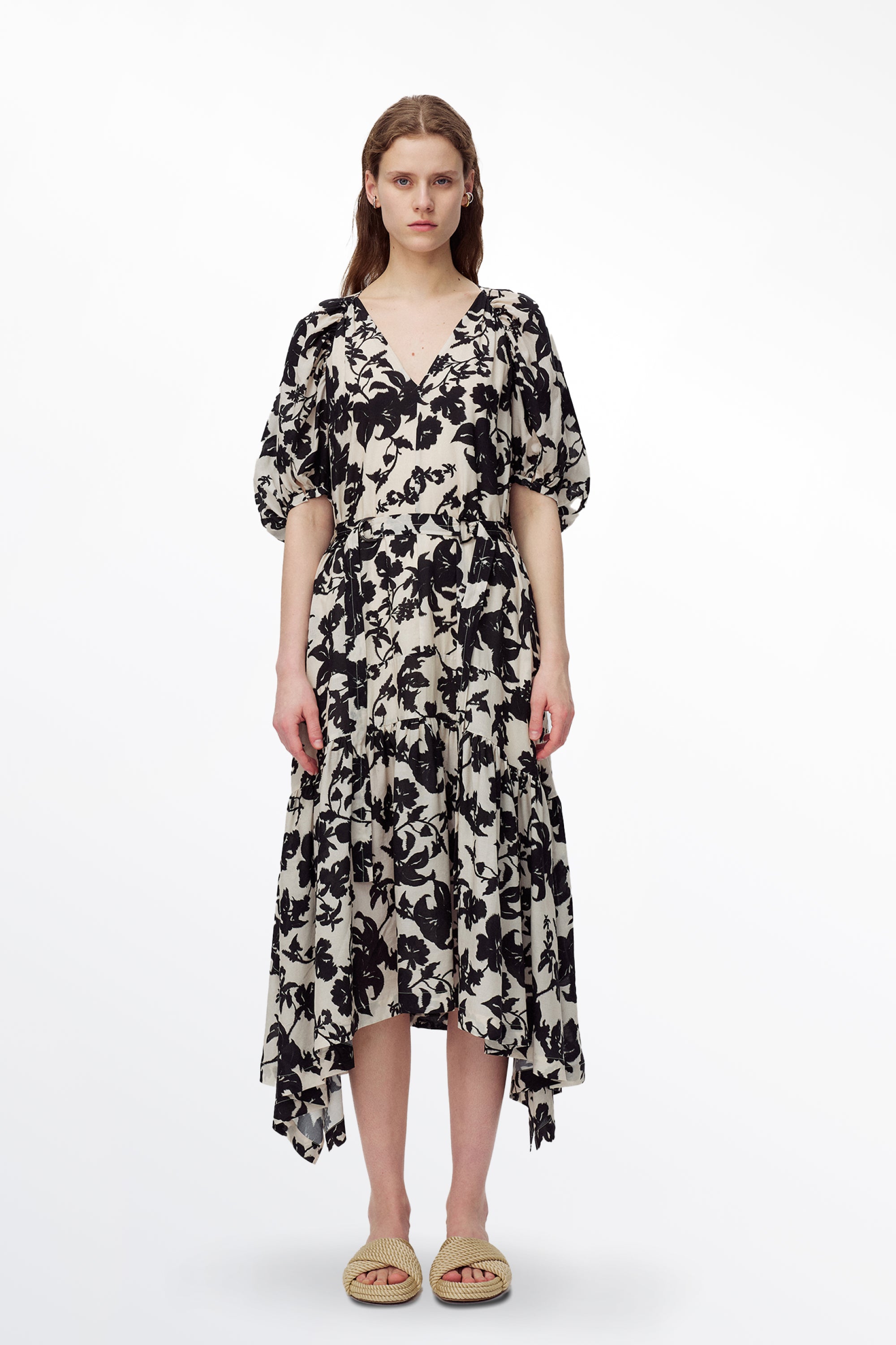 Milla Asymmetric Hem Flora Printed Dress in Tencel Linen Blend
