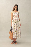 Eliana Handpainted Freesia Ruffle Trim Wide Strap Sleeveless Dress in Silk Cotton Blend