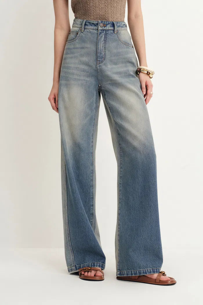 Harper Two Tone Wide Leg Jeans in Cotton Denim