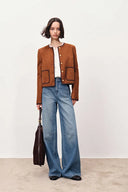 Olivia Contrast Trim Jacket in Faux Suede