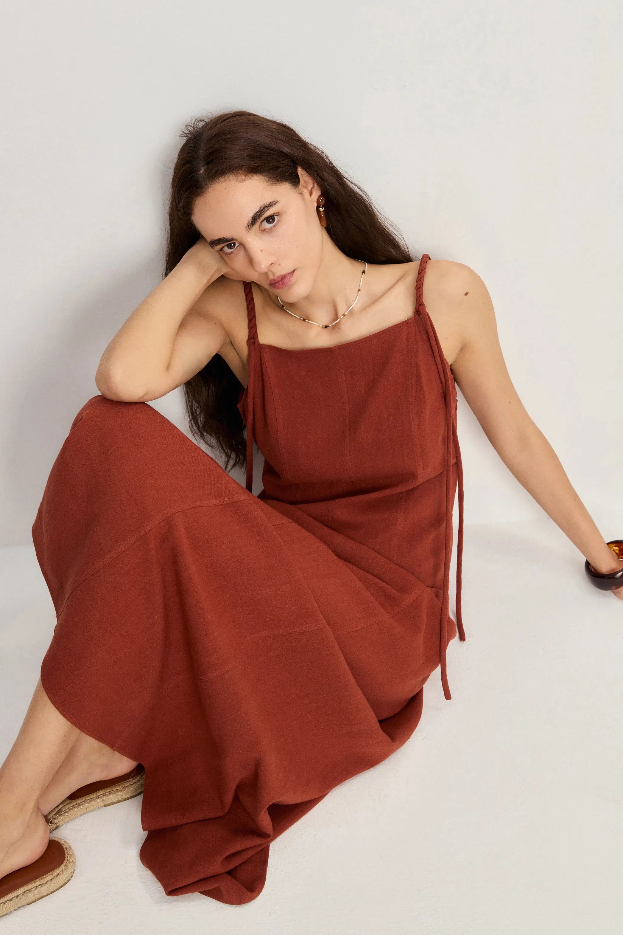 Hala Egyptian Inspired Handcrafted Strap Dress in Linen Blend XS/P