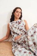 Sabrina Ruffle Hand Painted Flora Print Dress in Silk Cotton