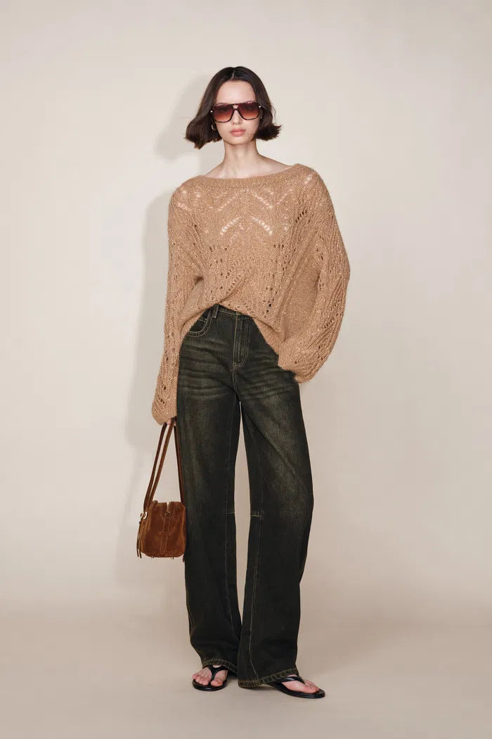 Courtney Contrasting Seams Washed Machete Jeans in Cotton Denim