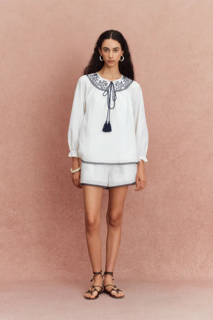 Celia Boho Embroidery Matching Blouse and Shorts Set in Silk-Cotton Blend