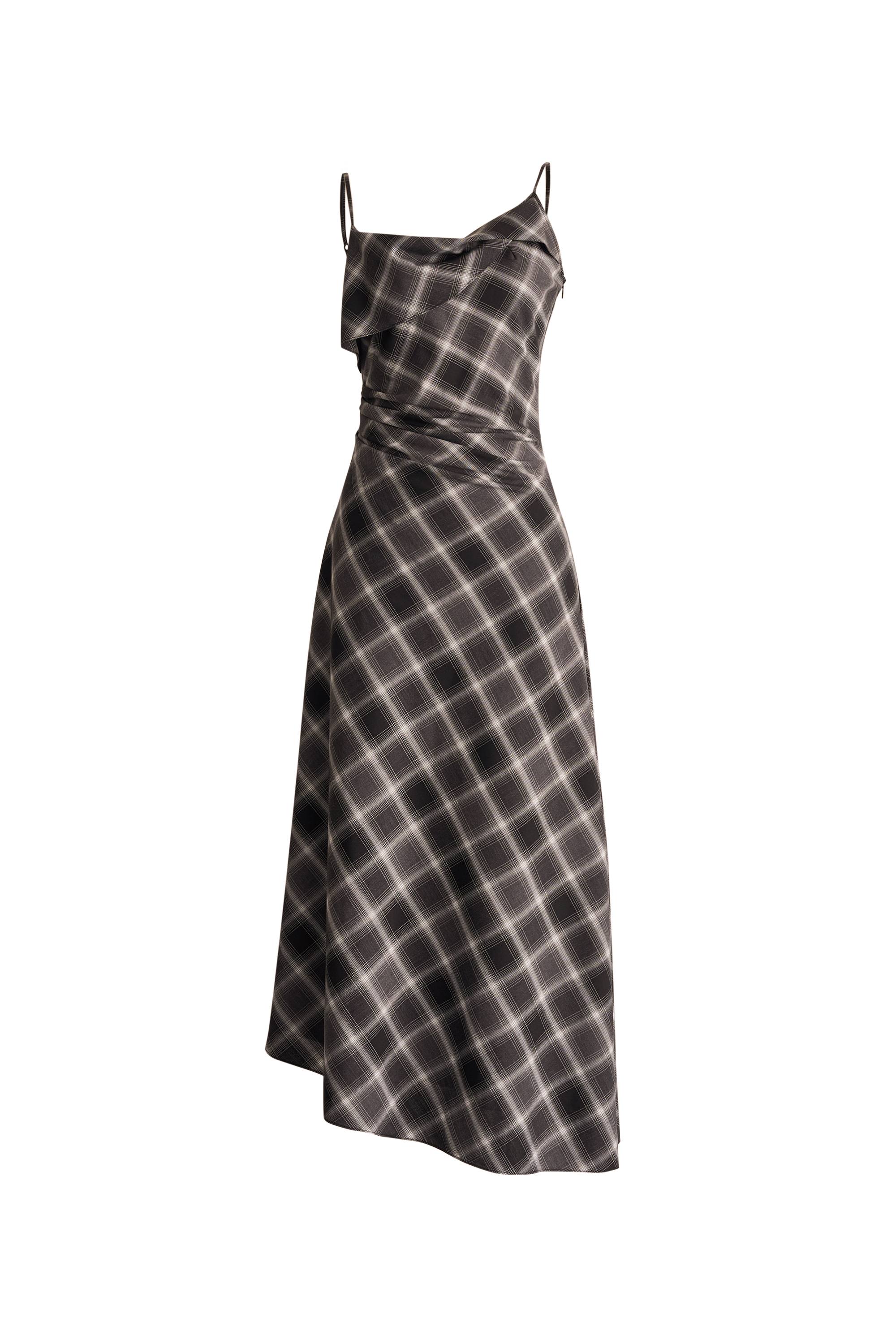 Anna Slanted Checkered Strap Dress in Fine Wool Blend XS
