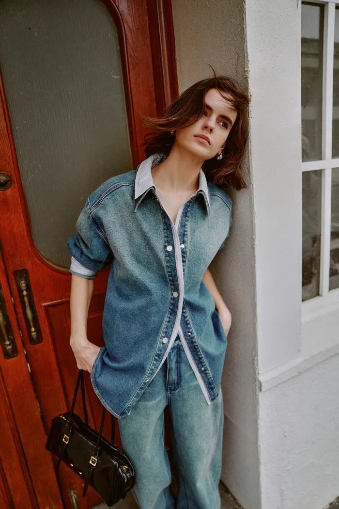 Harlow Striped Contrast Patchwork Shirt in Cotton Denim