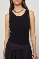 Kaia Paneled Waist Tie Sleeveless Dress in Cotton Knit and Tencel Denim