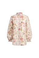 Adelaide Handpainted Floral Blouse in Silk Linen Organza