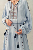 Briana Boho Embroidered Drawstring Long Puff Sleeve Dress in Cotton Crinkle Gauze