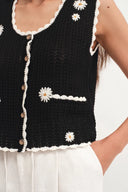 Top de punto con margaritas de crochet Azores en mezcla de algodón y lino