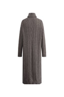 Back view of a grey longline cardigan in merino wool blend knit with textured cable detailing