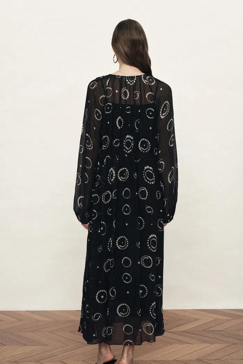 Fideli Hand Painted Drawstring Faux Pearl Dress in Silk Blend Chiffon