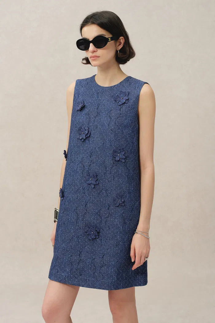 Lila Textured Sleeveless Short Dress in Imported Korean Metallic Lace