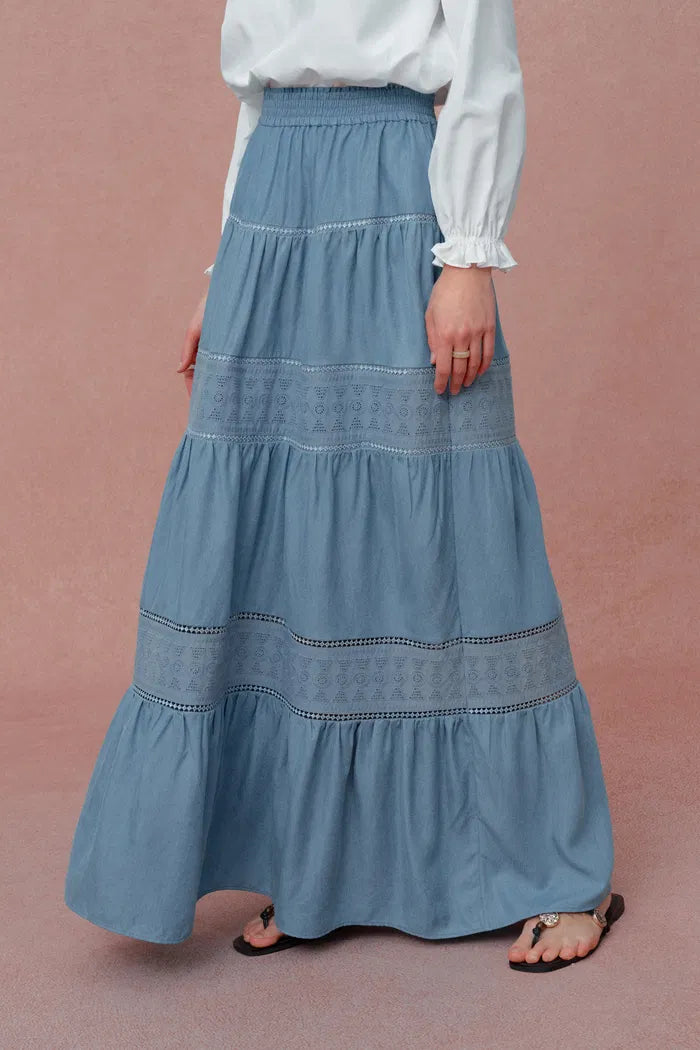 Oluka Tiered Openwork Maxi Skirt in Lightweight Denim