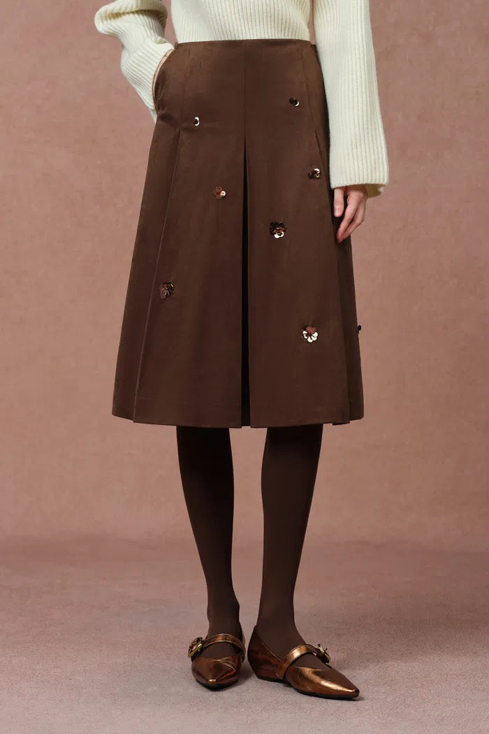 Peggy Pleated Beaded Skirt in Faux Suede