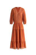 Elli Embroidery Puff Sleeve Blouse Top and Maxi Skirt Matching Set in Cotton