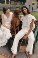 Lilou French Cutwork Embroidery Ruffle-Sleeve Top in Cotton & Linen