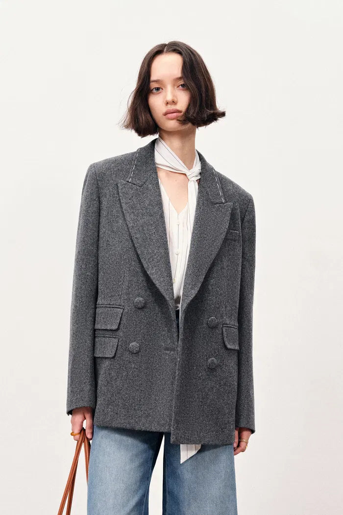 Ava Hand Work Contrast Stitching Blazer in Australian Merino Wool