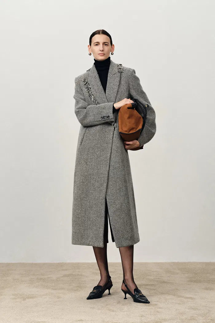Sabine Asymmetric Fringed Wool Coat in Merino Heavy Tweed