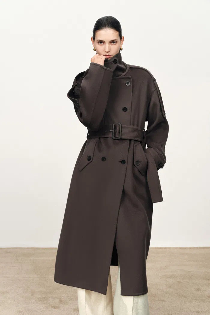 Tristan Double Breasted Long Coat in Double Face Merino Cashmere