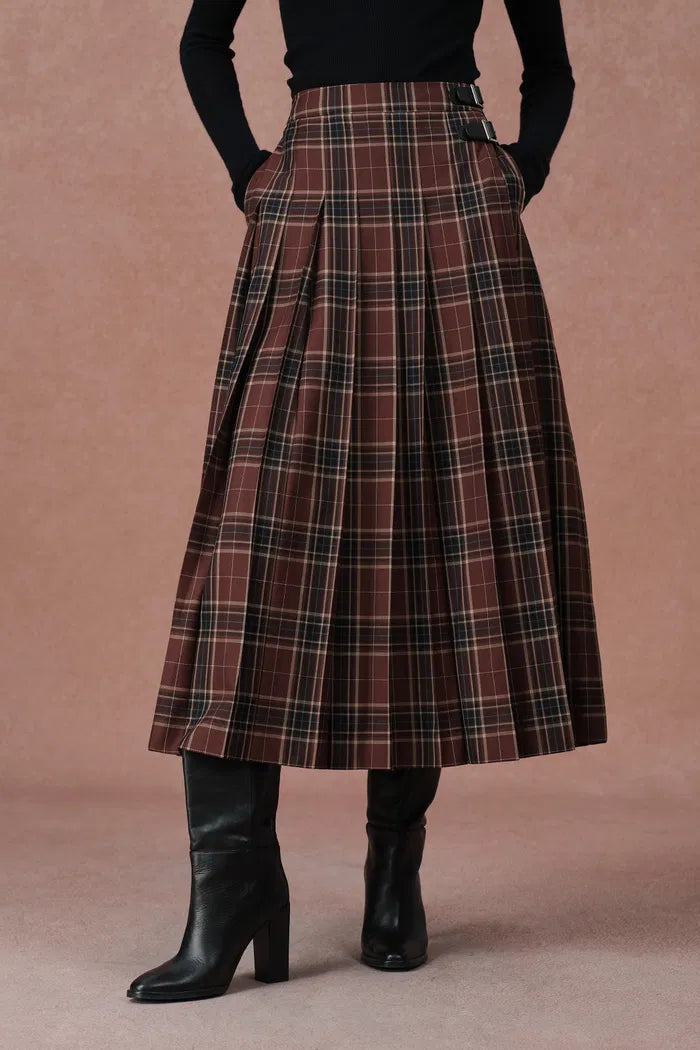 Yehudit Plaid Pleated Wool Maxi Skirt in Wool Blend