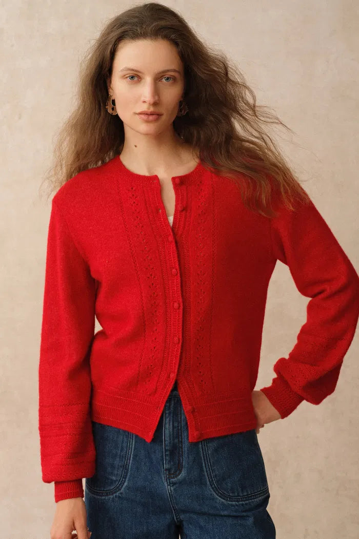 Elodie Floral Rib Hem French Cardigan in Merino Cashmere Knit