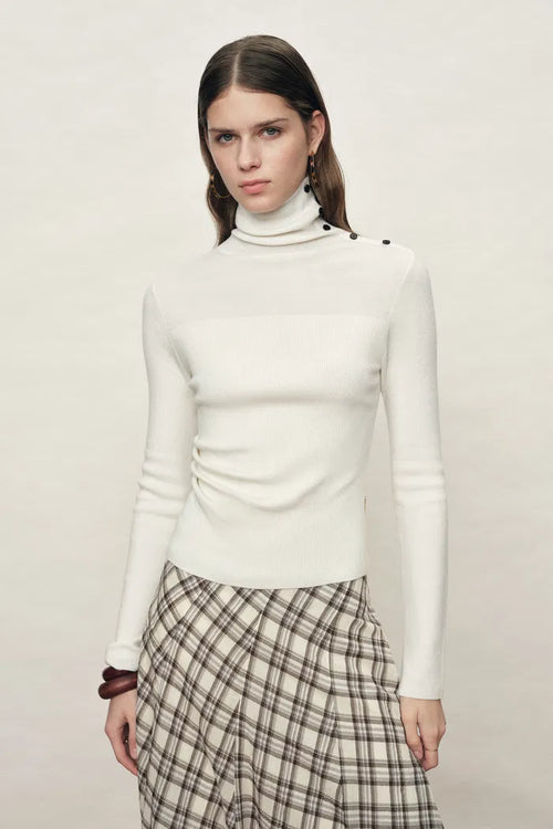 Lumina Slouchy Turtleneck Semi Sheer Bodice Fitted Top in Combed Wool