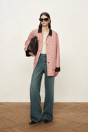 Telmo Dusty Pink Leather Collar Patch Pocket Jacket in Cotton Denim