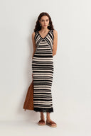 Kari Handmade Tassels Ivory White Striped Dress in Cotton Knit