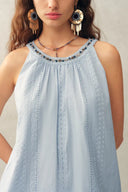 Hazel Boho Embroidery Jacquard Halterneck Sleeveless Top in Cotton