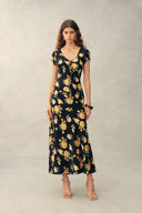 Maggie Handpainted Floral Cinched Waist Dress in Silk Double Crepe