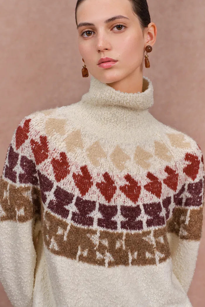 Krasner Hand Drawn Fair Isle Motif High Neck Sweater in Merino Wool