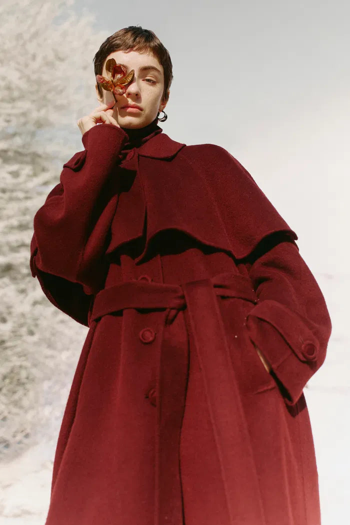 Brianna Belted Detachable Cape Trench Coat in Merino Wool Double-Face