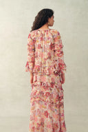 Annette Gestuftes Rüschen Kleid mit Handbemaltem Print aus Transparentem Chiffon