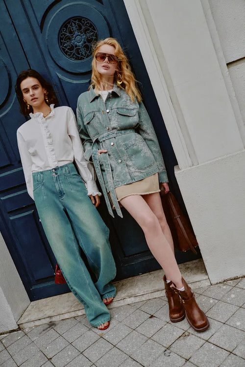 Harper Floral Safari Utility Jacket in Jacquard Denim