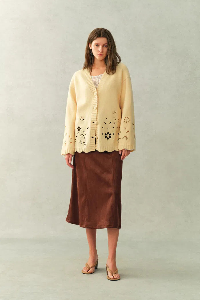 Daisy Openwork Embroidered Cardigan in Cotton Merino Wool Blend Knit