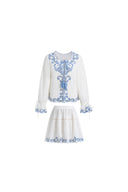 Maggie Embroidery Resort Wear Tie Front Sheer Shirt and Skirt Set in Cotton Jacquard