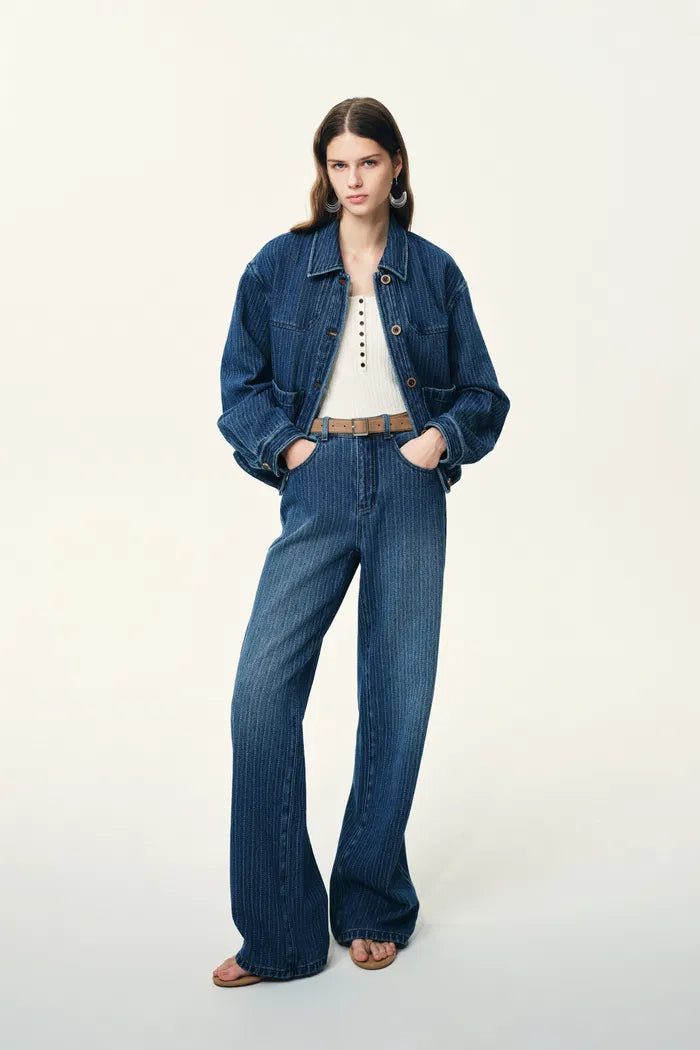 Colette Striped Washed Blue Patch Pocket Jacket and Jeans Matching Set in Herringbone Denim