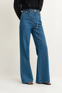Jean évasé ceinturé Elly en denim coton couleur sarcelle