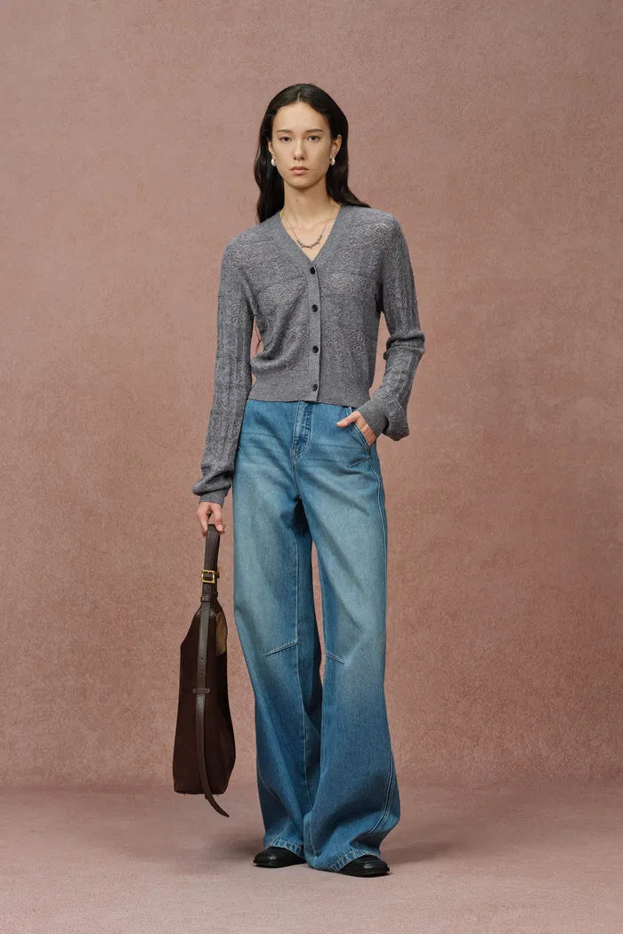 Faye V Neck Cropped Hand Crocheted Cardigan in Merino-Cashmere Knit