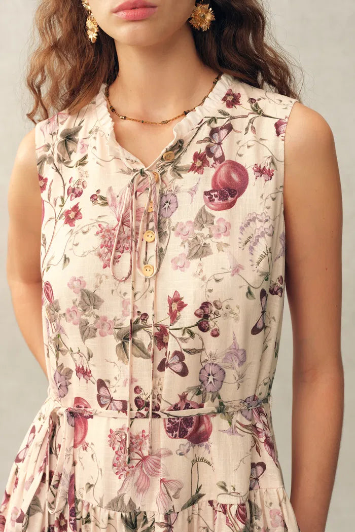 Liana Printed Pomegranate Floral Tiered Dress in Linen Blend – fbrq.com