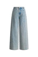 Celeste Light Blue Pleated Wide Leg Jeans in Cotton Denim