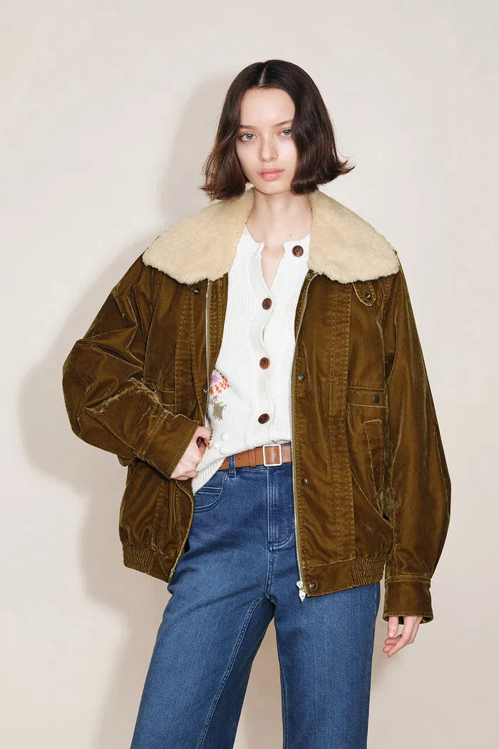 Veronica Faux Fur Collar Jacket in Washed Velvet Denim