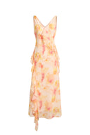 Linda Handpainted Floral Ruffle Sleeveless Dress in Lightweight Chiffon