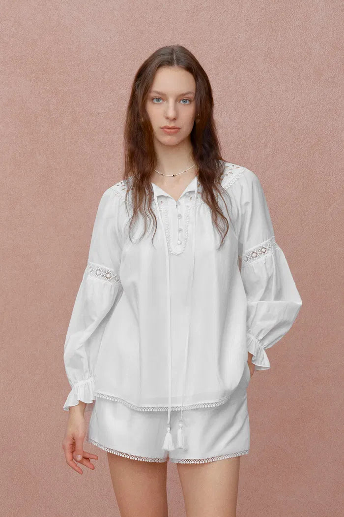 Emily Embroidered Collar Top and Shorts Matching Set in Silk Cotton Blend