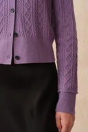 Jinji Purple Lace Trim Light Short Cardigan in Wool Cable Knit