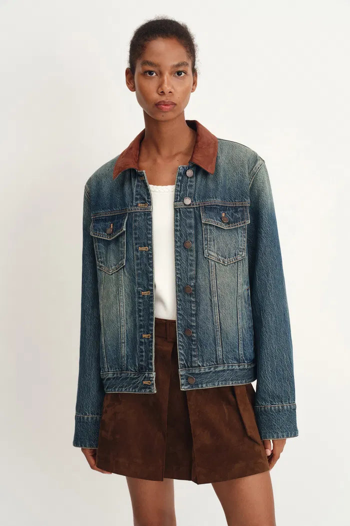 Jennifer Hand Sewn Suede Collar Denim Jacket in Cotton Denim