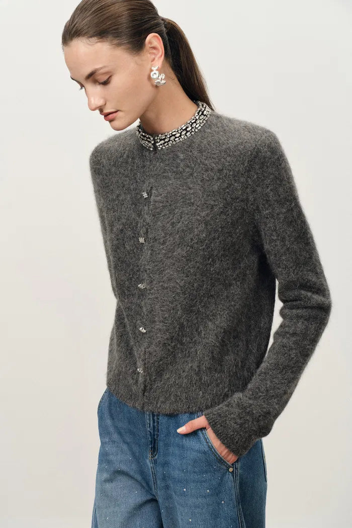 Jinelle Embellished Collar Cardigan in Alpaca Blend Knit
